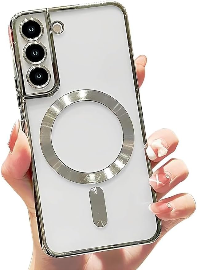 SZJLDS Coque Magnétique pour Samsung S22, Protection Complète de l'Objectif de Caméra, Compatible avec MagSafe Recharge sans Fil, Transparent Anti-Chocs Douce et Anti-Jaune (Argenté)