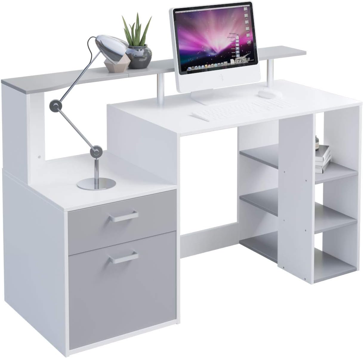 Hadwin Bureau d'ordinateur pour la maison, bureau en bois avec tiroirs et étagères de rangement - Station de travail