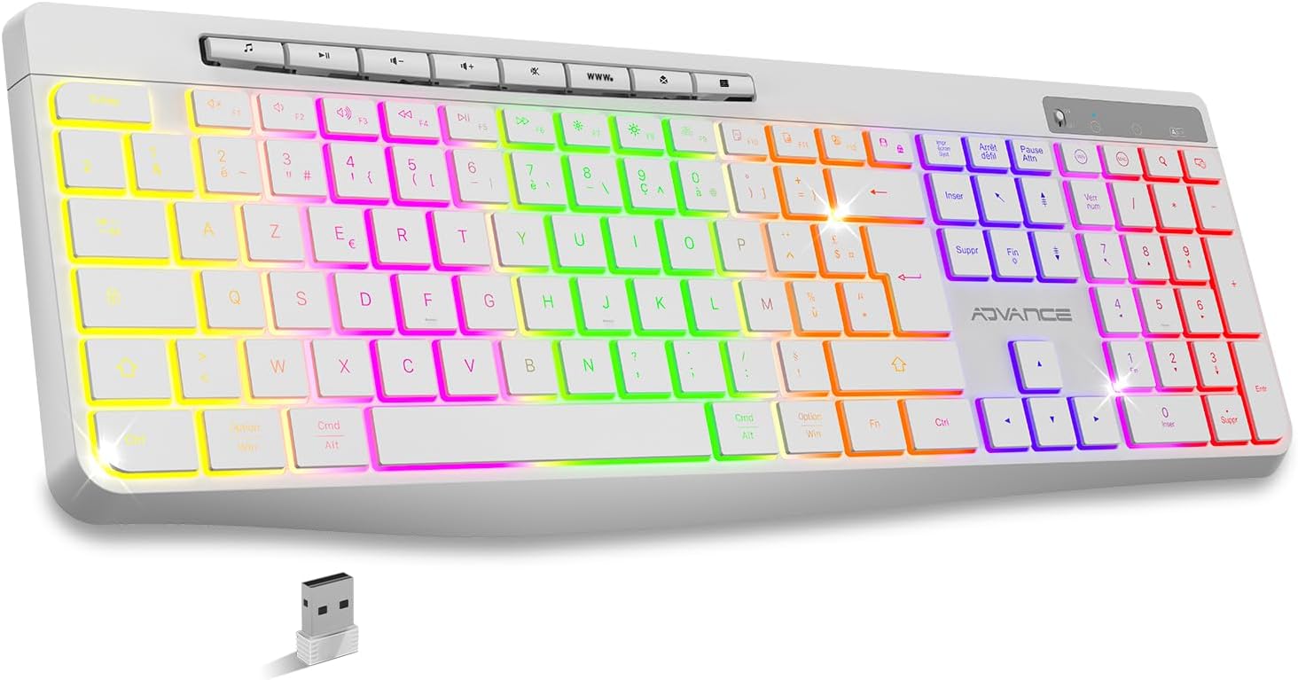 AD ADVANCE - R Type, Clavier sans Fil Silencieux Rechargeable, Touches Ergonomiques Lumineuses, Layout AZERTY Français, Autonomie Longue Durée, Connexion 2.4 Ghz, Compatible Windows, Mac, PC, Blanc