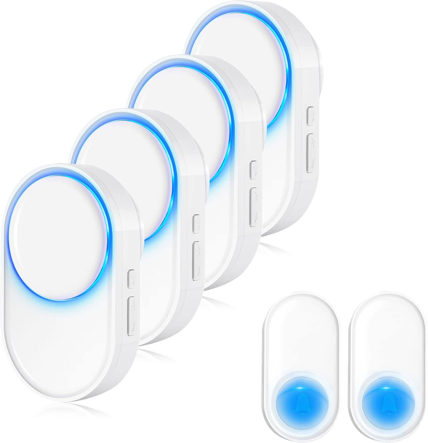 Sonnette sans fil 4 Récepteurs 2 Émetteurs, 400M/1300FT Carillon de Porte Extérieur Étanche IP55, 58 Mélodies & 5 Niveaux de Volume BLANC