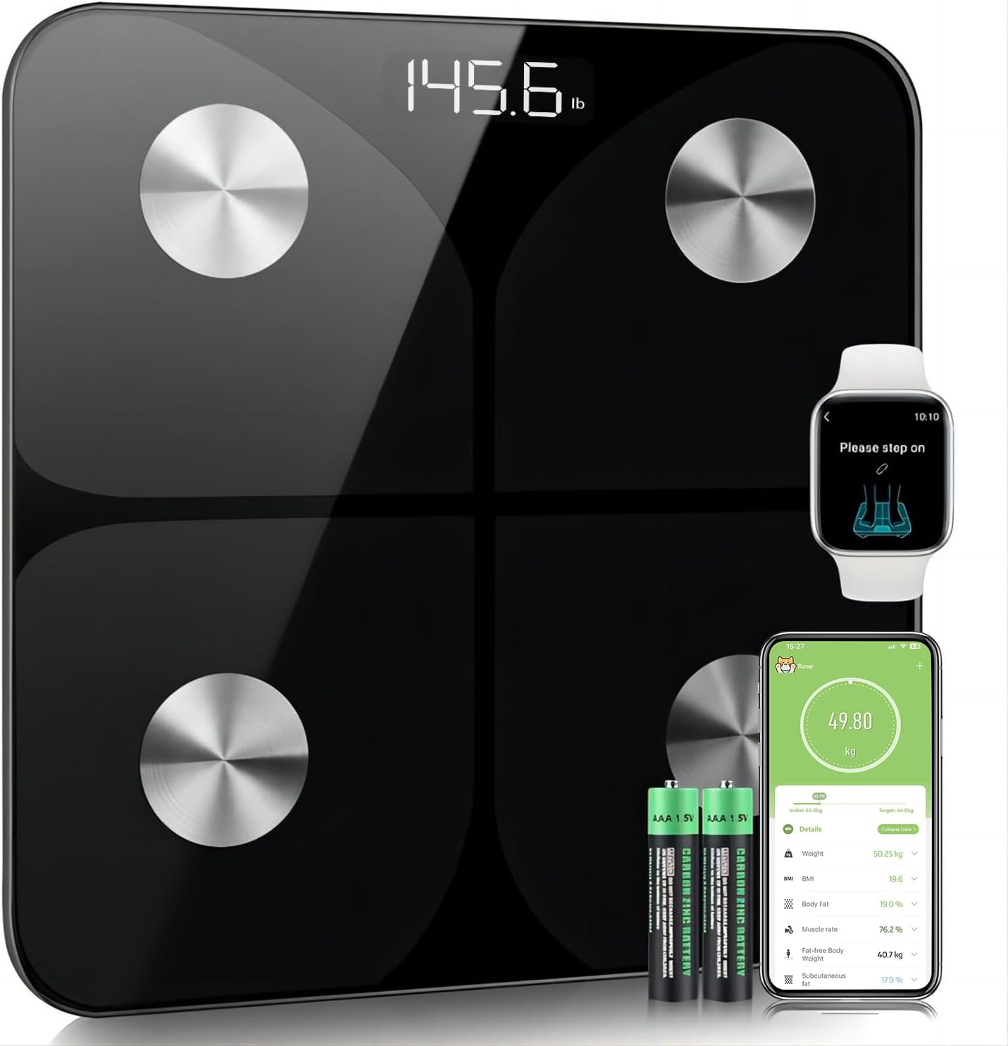 Pèse Personne Impédancemètre, Balance Connectée Balance Pèse Personne, la masse graisseuse, l’eau, la masse musculaire, l’IMC et le MB (métabolisme de base) Verre, Noir