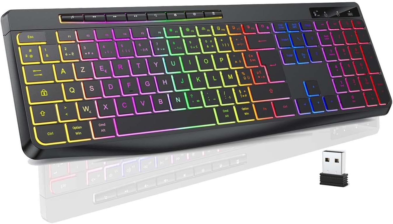 TECURS Clavier Gamer sans Fil - Clavier Ordinateur Silencieux avec Contrôle Média AZERTY Rétroéclairé, USB Clavier Ergonomique et Etanche, 3 Touches Anti-Ghosting LED 2.4Ghz pour Windows, Mac, PC