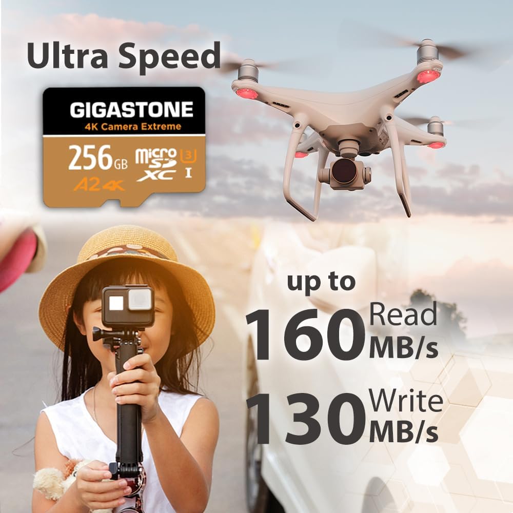 [5 Ans Récupération de données Gratuite] GIGASTONE Carte Mémoire 256 Go, Camera Extreme Max, Vitesse jusqu'à 160/130 Mo/s, pour GoPro, DJI, Drone, 4K Video A2 V30 U3 MicroSDXC avec Adaptateur.