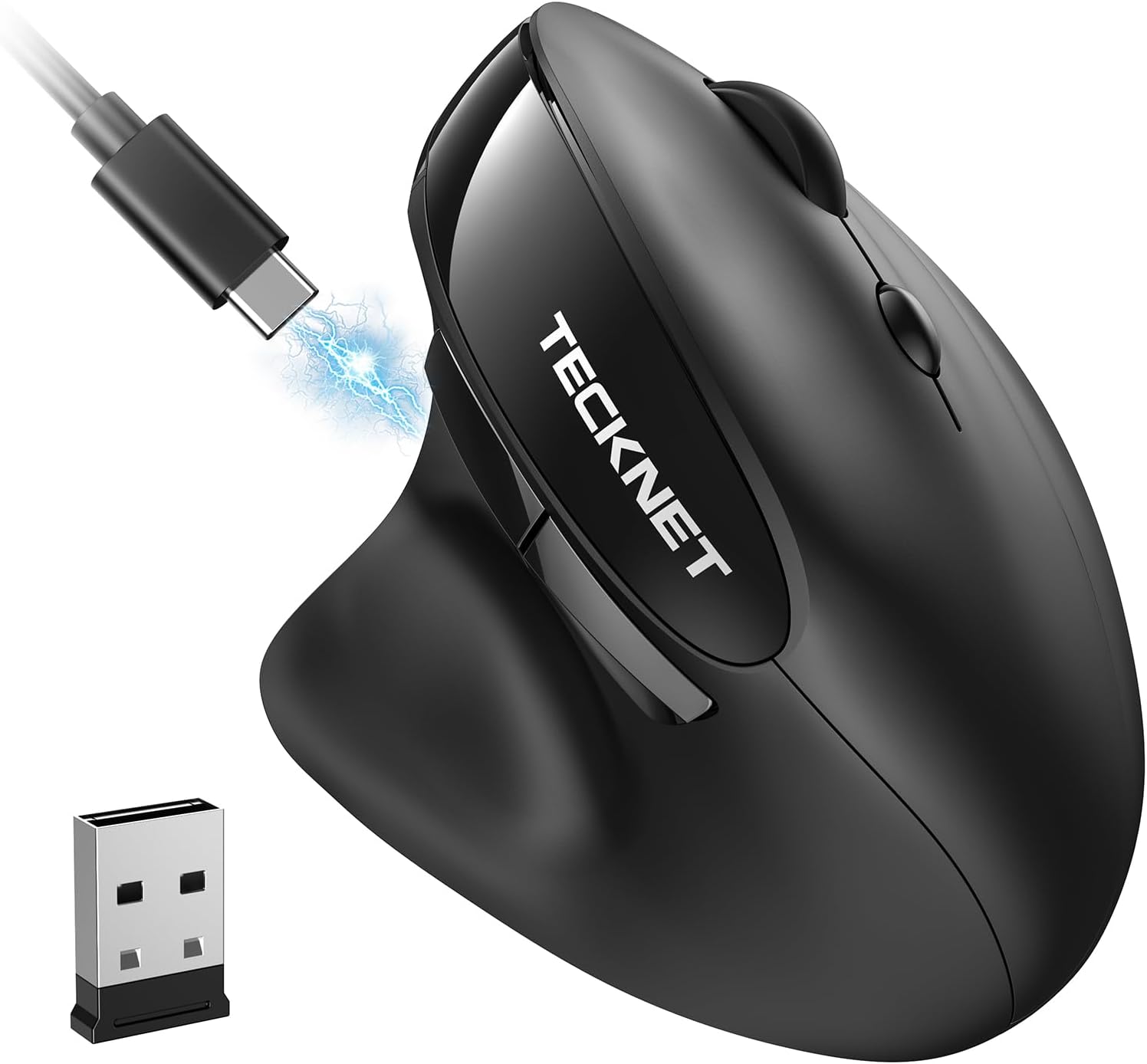 TECKNET Souris Ergonomique sans Fil, 2.4GHz Souris Verticale 6 Boutons sans Fil Rechargeable, 2400DPI Réglables, Souris Ergonomique Silencieuse pour Ordinateurs, Portables, Mac, PC, Windows, Noir