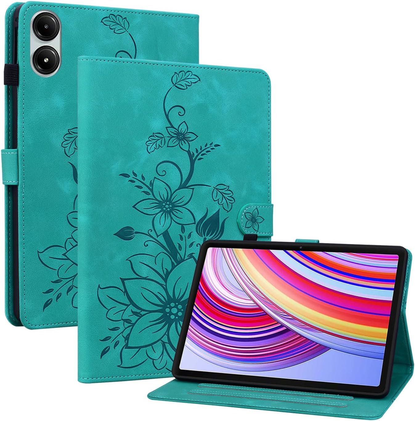 Rosbtib Coque pour Redmi Pad Pro/Xiaomi Poco Pad (2024) 12,1 Pouce, Multi-Angles de Visualisation Housse de Protection en Similicuir avec Porte-Carte Couverture Motif Lys, Vert