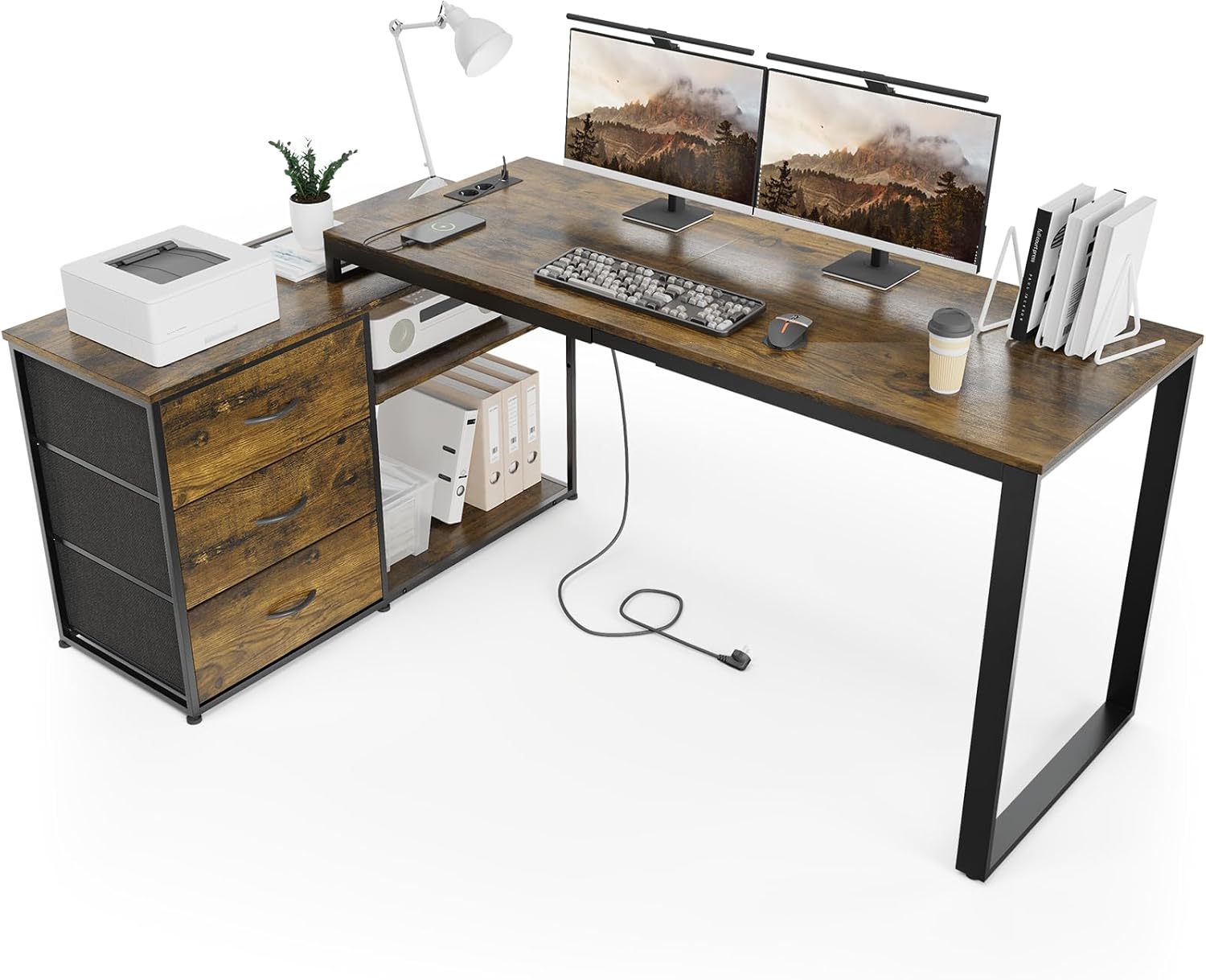 TRIUMPHKEY Bureau avec 3 tiroirs, 140 x 105 x 75 cm, Bureau d'angle avec étagères, réversible en Forme de L avec 2 Ports de Charge USB et 2 Prises de Courant, Bureaux pour Maison, Marron