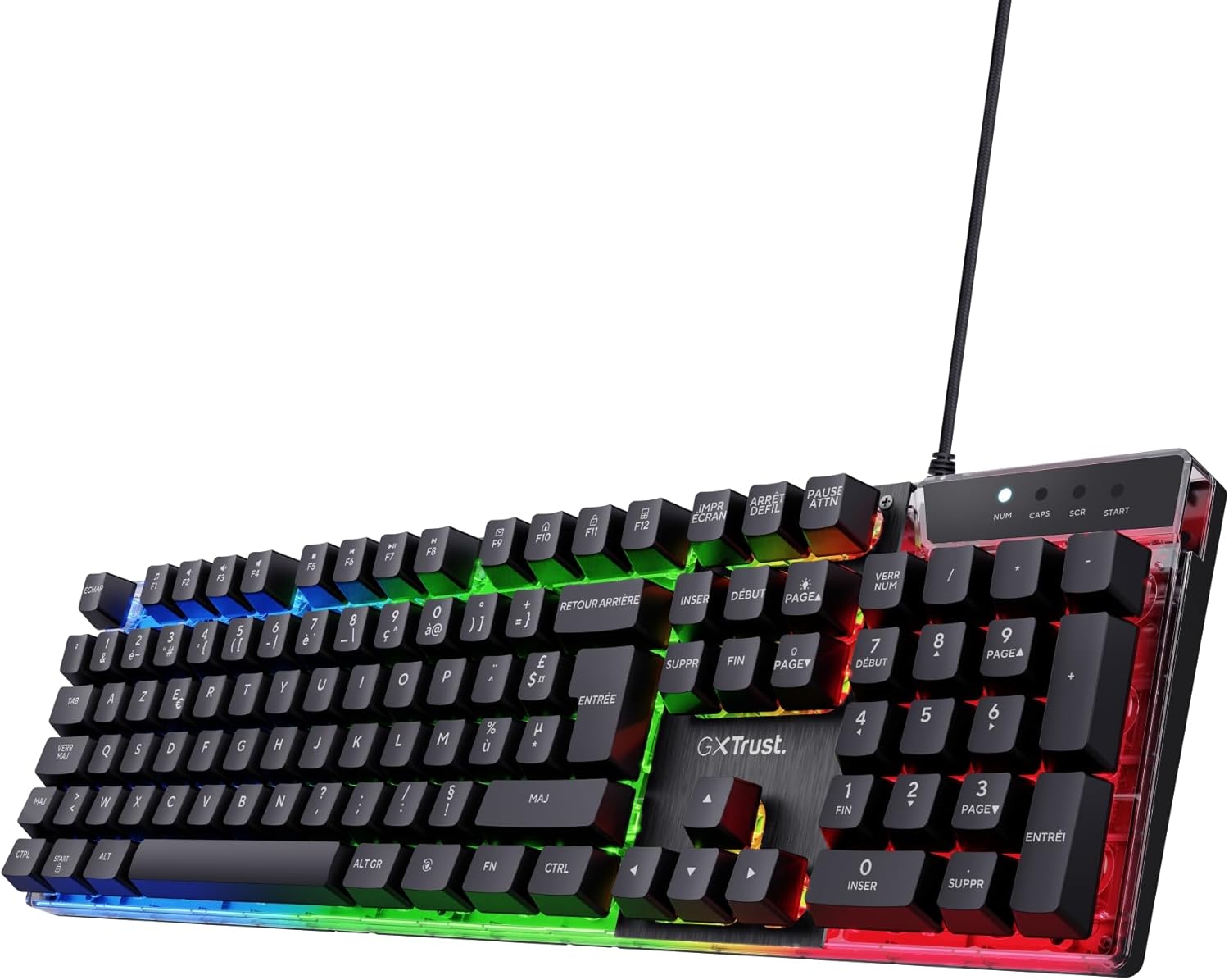 Trust Gaming GXT 835 Azor Clavier Gamer Filaire AZERTY Français, Éclairage LED Arc-en-Ciel, Mode Jeu, 8 Touches Anti-ghosting, Clavier Gaming à Membrane USB, PC/Ordinateur Portable - Noir