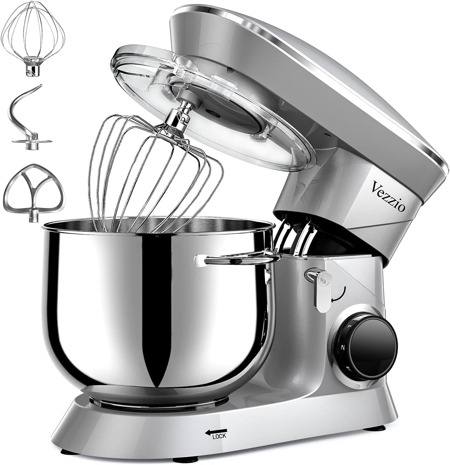 Robot Pâtissier Vezzio Robot Cuisine Multifonctions 8.5L Robot Pâtissier1500W 6 Vitesses Robot Pétrin Professionnel Faible Bruit vec Crochet Pétrin,Batteur plat,Fouet à Fils (Argent)