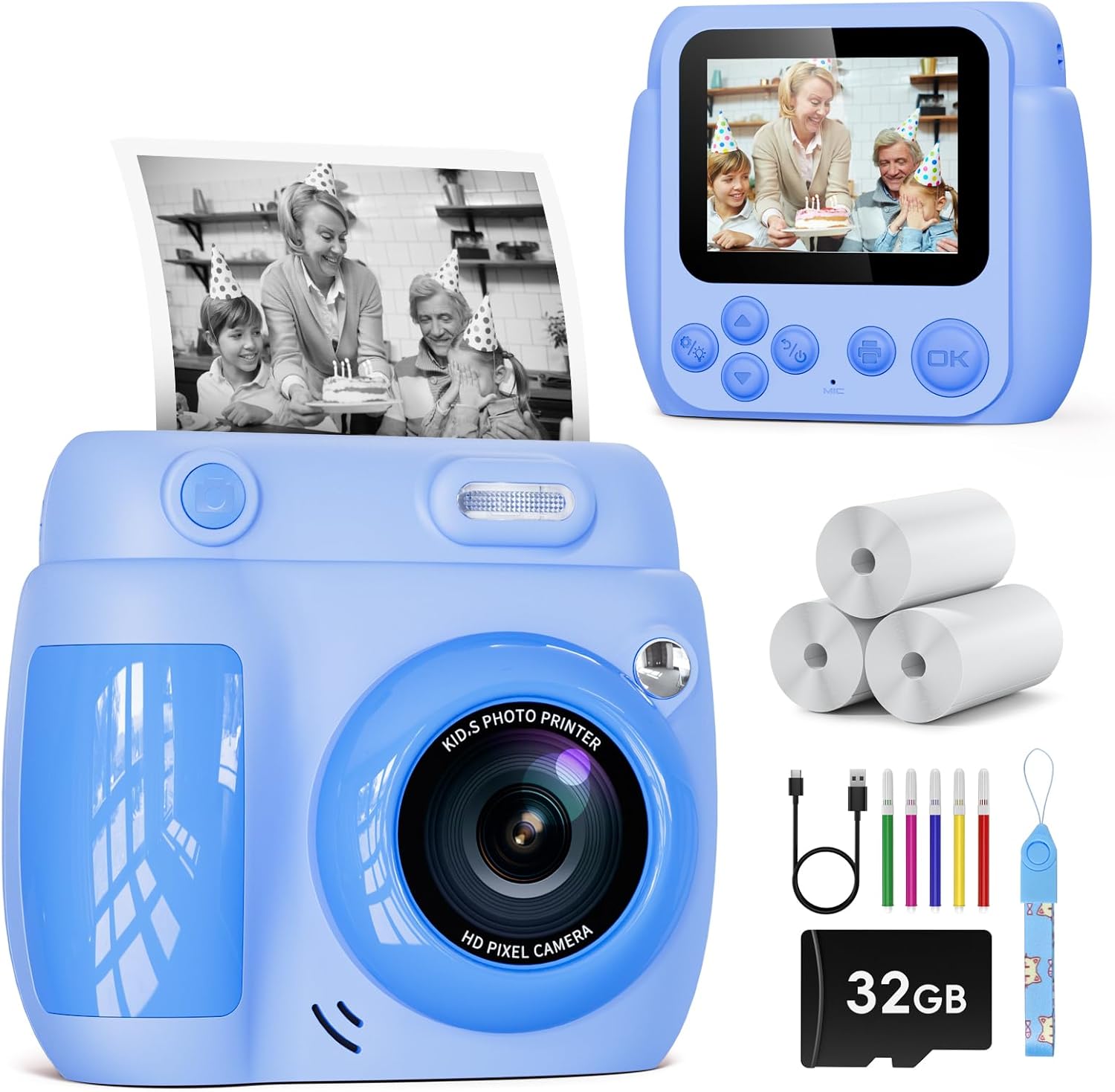 Appareil Photo Instantané Enfants,LETSHAHA 1080P 20MP 2.4'' Écran Appareil Photo Instantané Enfant avec 3pcs Papier d'impression Thermique,pour Les Enfants de 5 à 12 Ans Noël, Cadeaux pour Enfants