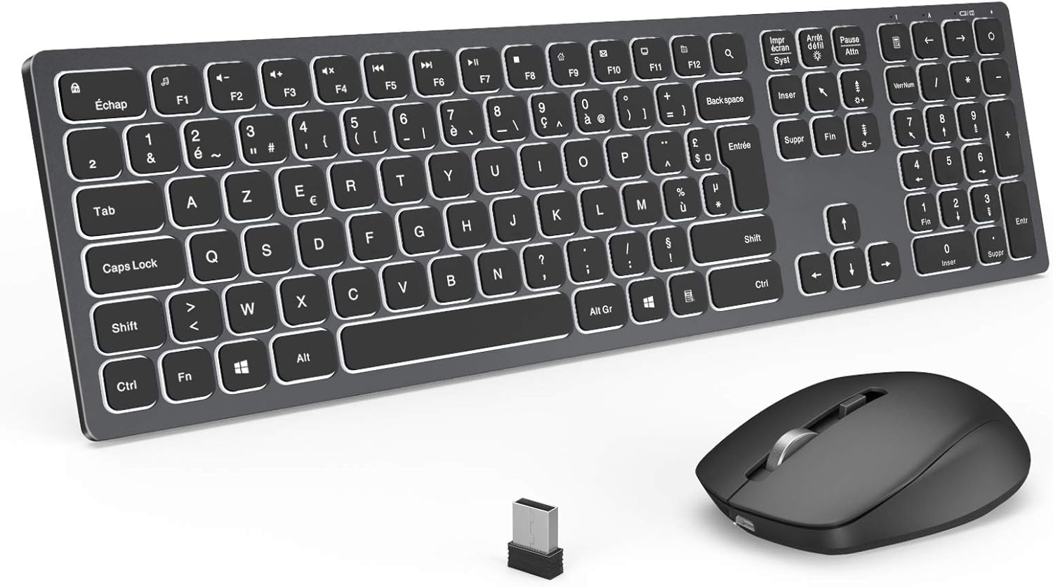 Ensemble Clavier Souris sans Fil Rétroéclairé, Rechargeable, Clavier USB AZERTY Français, Ultra-Mince, Souris Silencieuse pour PC/Ordinateur Portable - Compatible Windows 7/8/10/XP/Vista - Gris