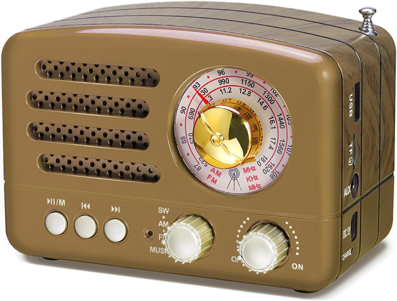 Poste Radio Portable, PRUNUS J-160 Radio Vintage Bluetooth avec Batterie Rechargeable 1800mAh, FM/AM (MW)/SW Bouton de Réglage Extra Large, TransistorRadio Prise en Charge de la Carte TF/USB (Gold)
