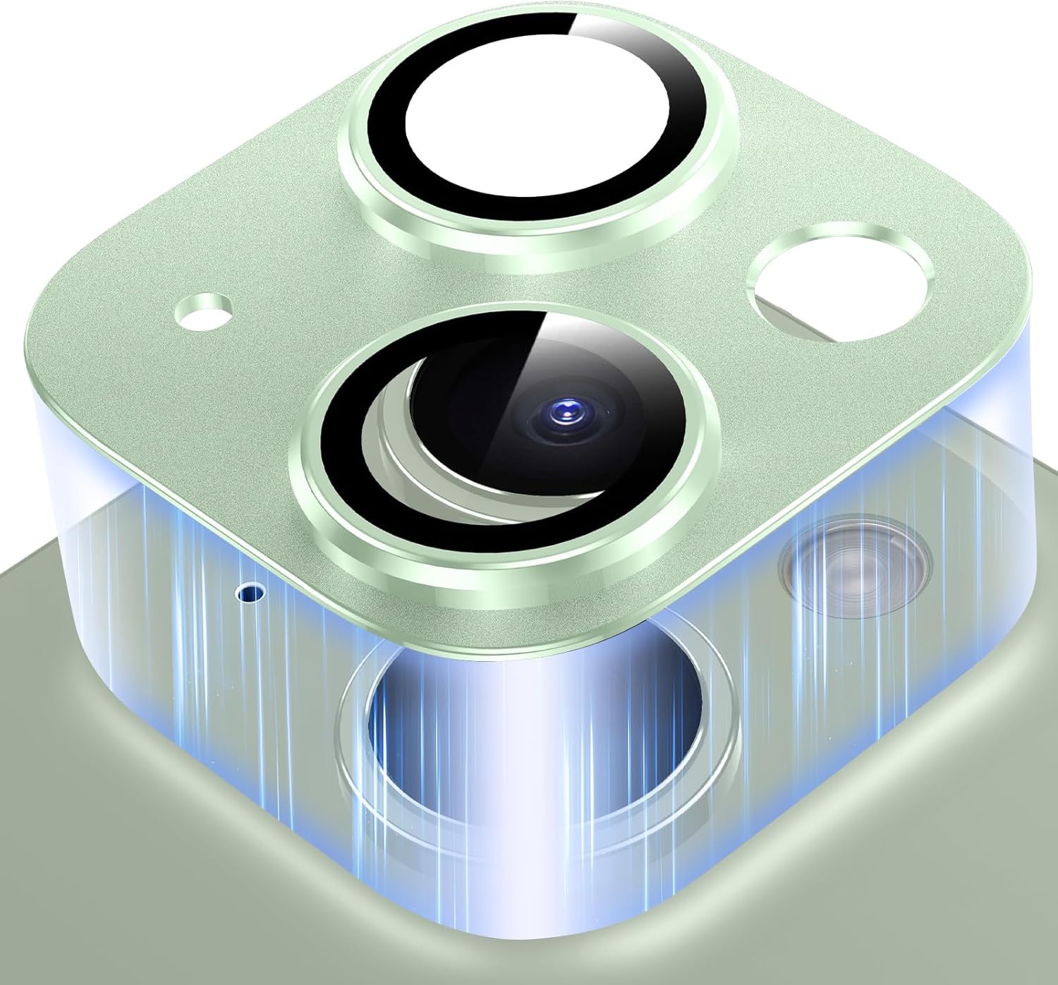 Viojrlra Caméra Arrière Protecteur pour iPhone 15/15 Plus, Anti Rayures Ultra HD Protection Objectif Caméra, Ultra Résistant Couverture Complète 9H Dureté Film Verre Trempé, Alliage Aluminium, Vert