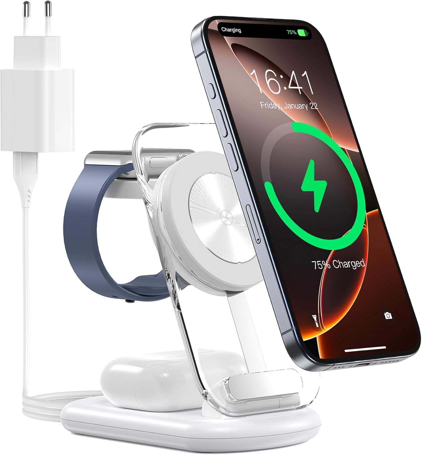 Station de Charge sans Fil 3 en 1 pour Mag-Safe, Chargeur magnétique sans Fil Pliable et réglable, Support de Charge de Voyage Mag-Safe avec lumière pour iPhone 16/15/14, AirPods, Apple Watch, Blanc