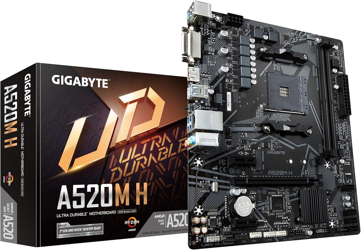 GIGABYTE Carte mère A520M H - Prend en charge les processeurs AMD Ryzen série 5000 AM4, VRM numérique pur 4+3 phases, jusqu'à 5100 MHz DDR4 (OC), PCIe 3.0 x4 M.2, LAN GbE, USB 3.2 Gen 1