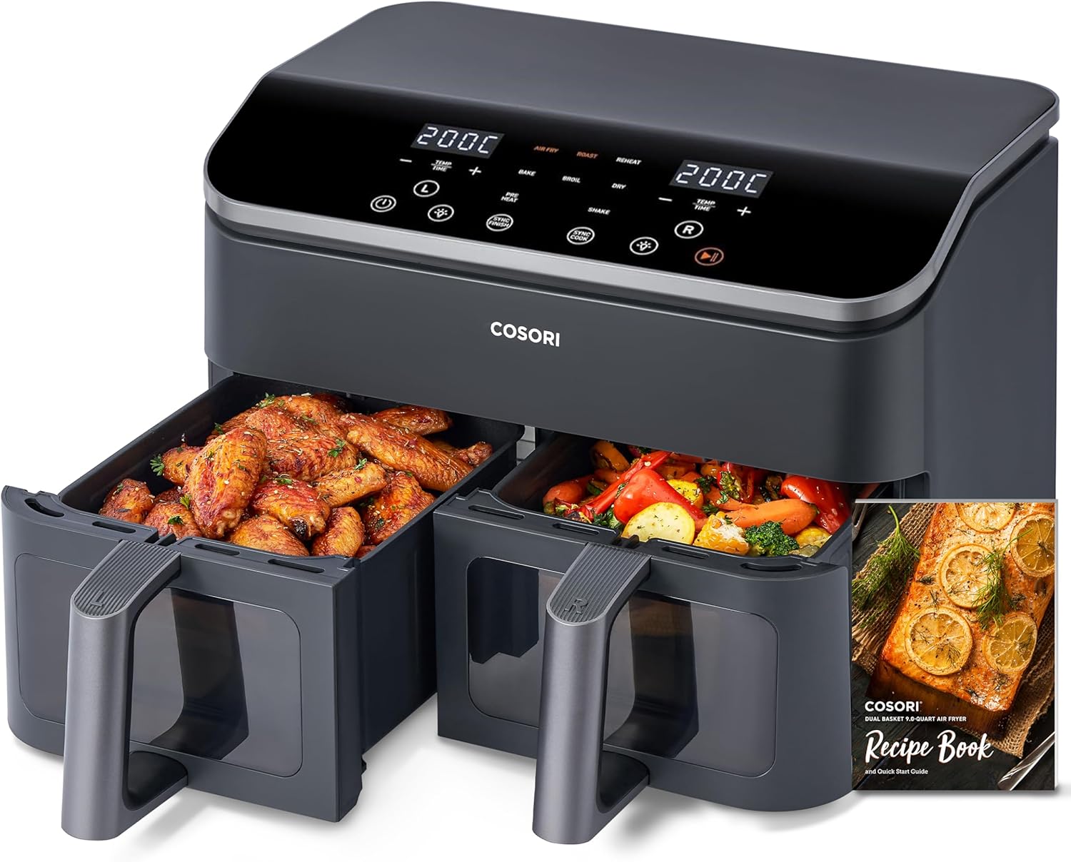COSORI Air Fryer 2 Compartiments 8.5L,Dual Friteuse Sans huile,55 Pourcent d'Énergie en moins,Avec fênetre visible,230 Degré Celsisus Maximale,Sync Finish et Cook,85 Pourcent Moins de Graisse,Recette
