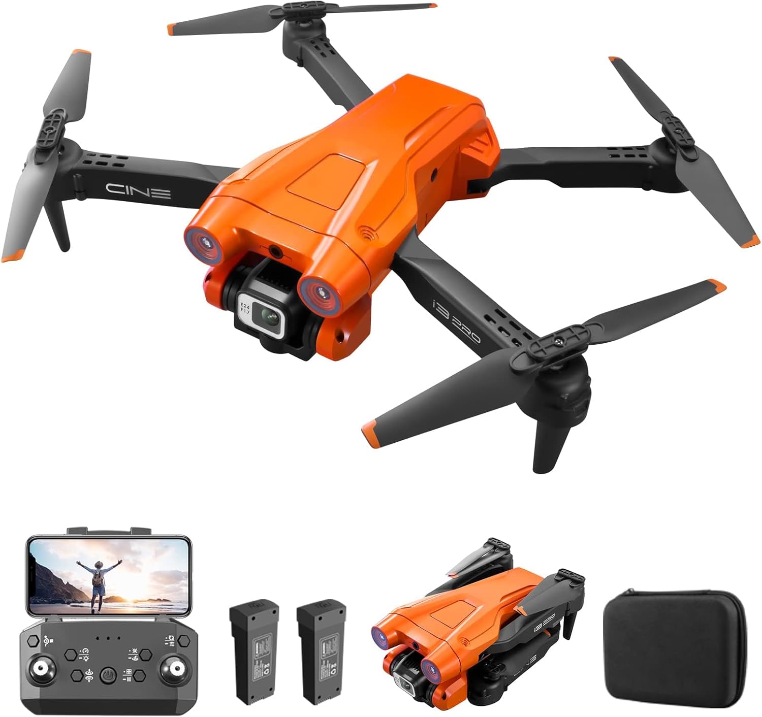 Drone RC avec double caméra 4K HD, quadricoptère RC 1080P avec 2 batteries, mode sans tête d'évitement d'obstacles, contrôle gestuel débutant (orange)