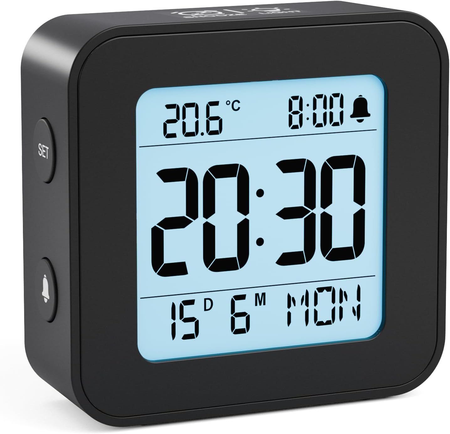 LATEC Réveil, Réveil Numérique à Piles avec Température et Calendrier, Alarme, Snooze, Rétroéclairage pour Voyage, Chambre, Bureau(Piles incluses)