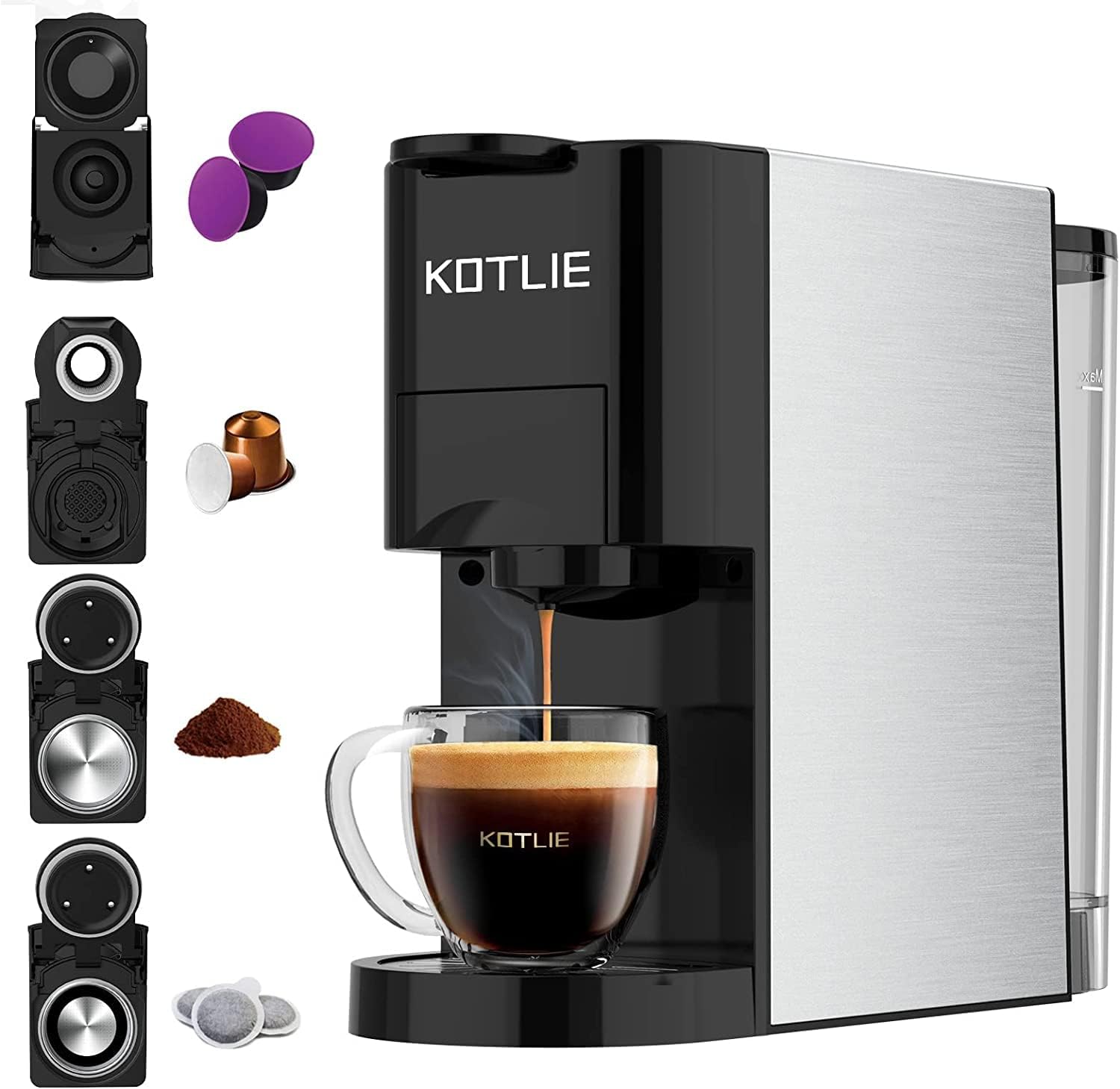 KOTLIE AC-513K 4 en 1 Cafetières à Capsules pour NES/DG/Café en Poudre/ESE(44mm), Pression de 19Bar, 0.8L Réservoir d'eau,Capacité Personnalisable（Noir）