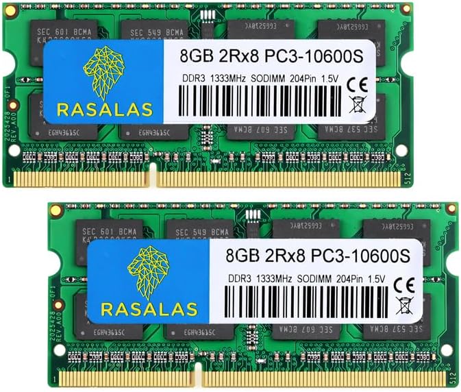 Rasalas PC3-10600 16GB Kit (2X 8GB) DDR3 1333MHz SODIMM 2Rx8 Dual Rank 1.5V CL9 204-Pin Non-ECC Unbuffered Notebook Laptop RAM Memory Upgrade Module