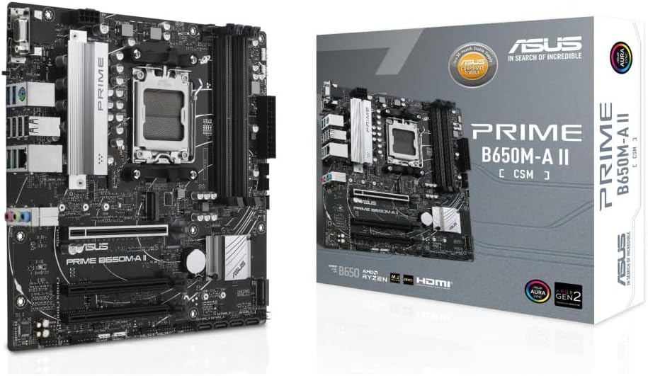 ASUS PRIME B650M-A II-CSM – Carte mère PRO AMD Ryzen B650 Micro-ATX (DDR5, PCIe 5.0 M.2, 2.5Gb Ethernet, DisplayPort, HDMI, VGA, USB 3.2 Gen 2, Aura Sync RGB)