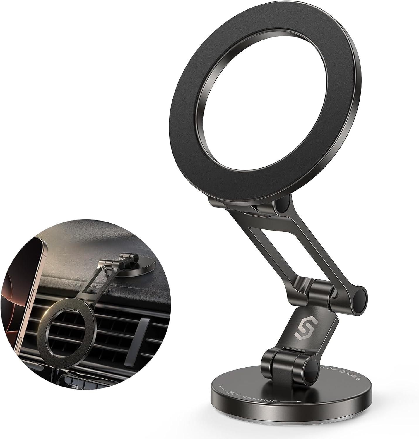 SYNCWIRE MagSafe Car Phone Holder, [Flexible Three Axis] Magnetic Phone Holder, 360° Rotation, All-Metal Body, Magsafe Car Holder with iPhone 16 Any Phone