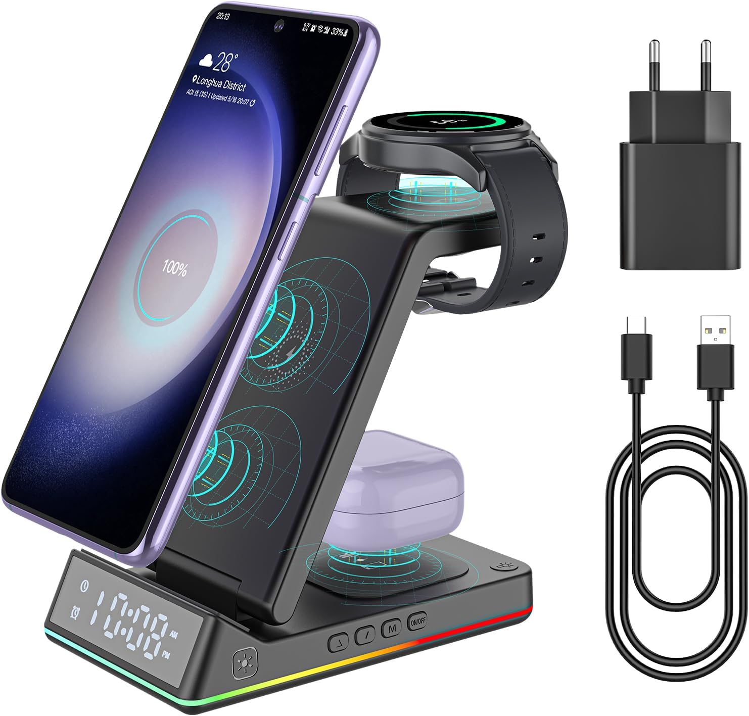 EVARY Chargeur Induction pour Chargeur Samsung Station de Charge 3 en 1 sans Fil pour Galaxy S24/S23/Ultra/S22/S21+/ZFlip 5/4,Station de Recharge pour Samsung