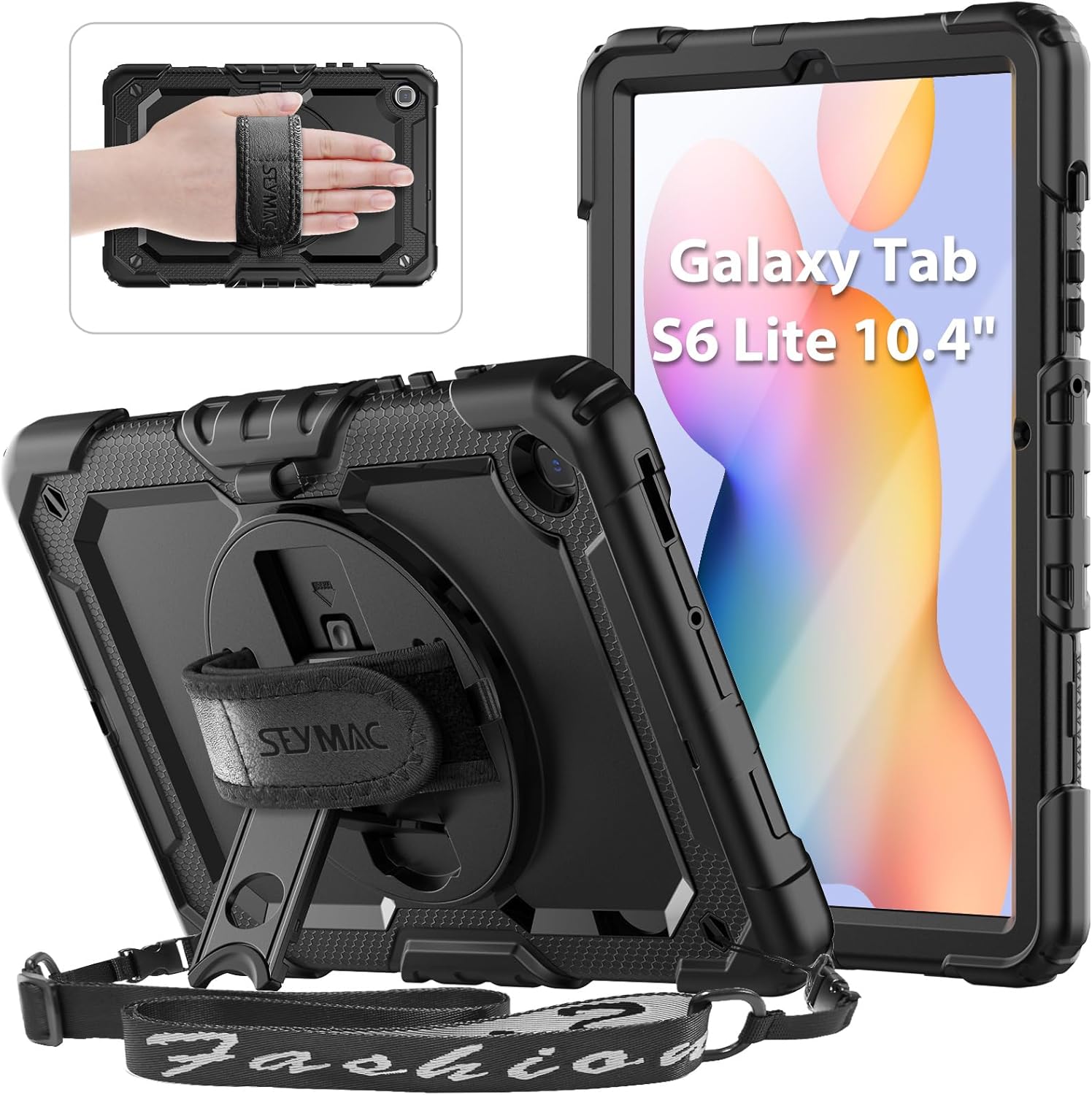 SEYMAC Coque pour Samsung Galaxy Tab S6 Lite 10,4" 2024/2022/2020, Coque Antichoc avec Protecteur d'écran, Support Rotatif à 360°/Dragonne, Bandoulière, avec Porte-Stylo, Noir