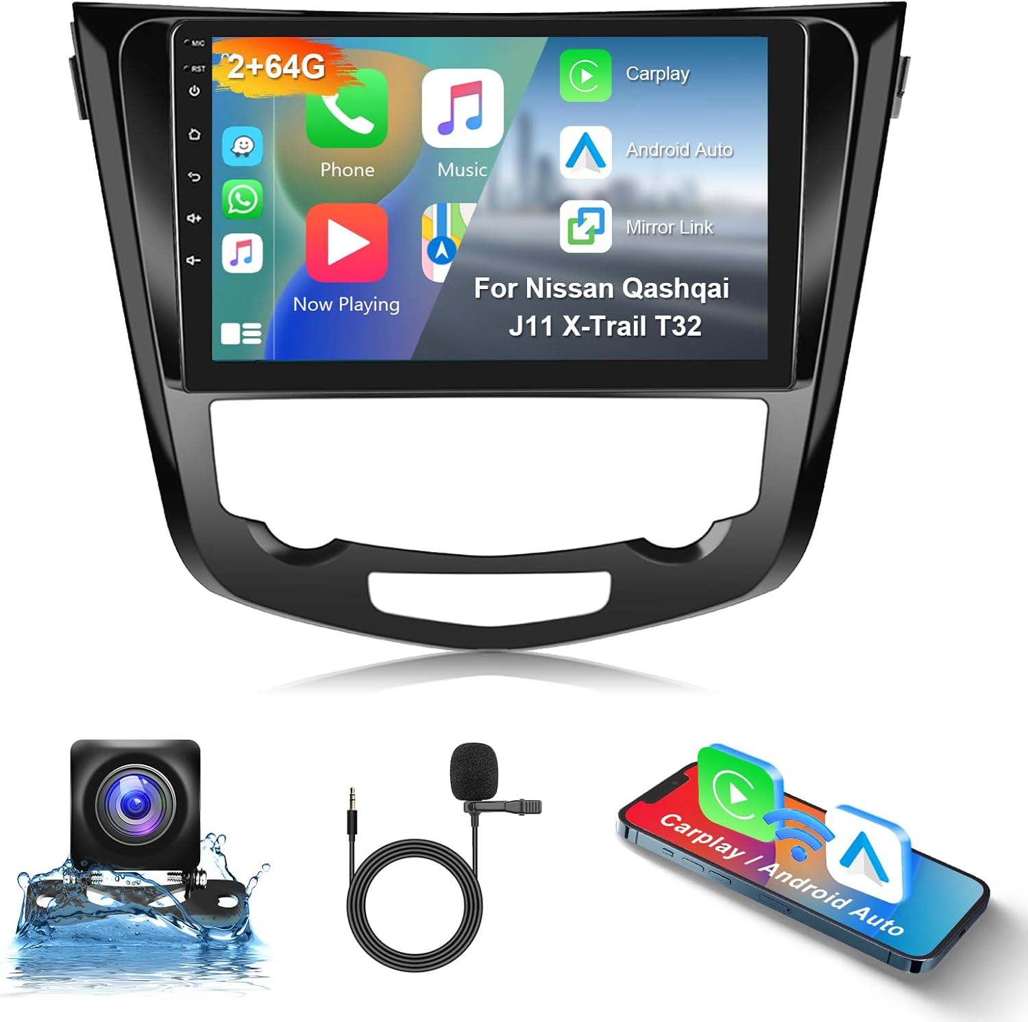 2GB+64GB Android Autoradio pour Nissan Qashqai J11 X-Trail T32 2014-2018 Carplay Android Auto sans Fil, Hodozzy Écran Tactile 10,1 Pouces GPS WiFi, Bluetooth FM/RDS Poste Radio Voiture 2 Din + Caméra