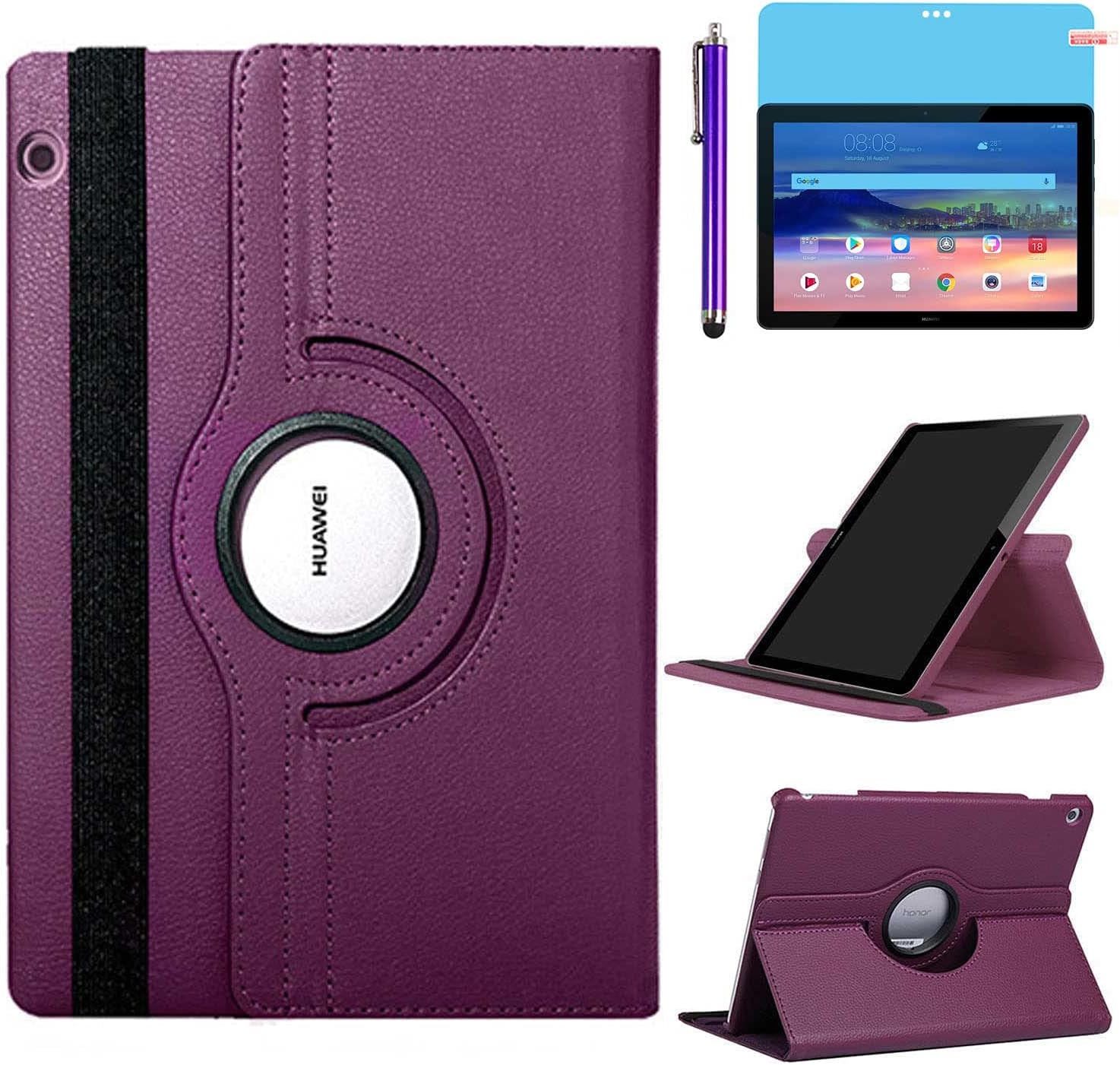 Étui Housse Coque pour Huawei MediaPad T5 10.1 Pouces 2018 (AGS2-W09 AGS2-L09 AGS2-L03) - 360 degrés Rotation Full Protection Kickstand Case Cover,avec Un Stylo,Écran Film (Purple)