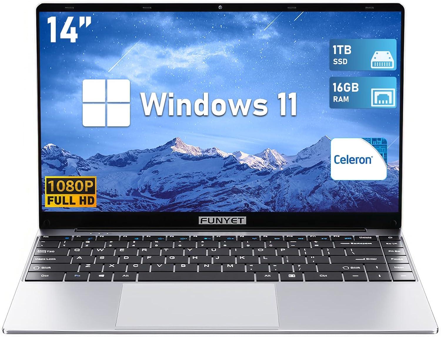 FUNYET 14.1-inch Ordinateur Portable, Celeron N5095 (4-Core, 4-Thread, up to 2.9Ghz), Win11 Laptop,16GB RAM+1TB SSD, IPS FHD 1920 * 1080, Mini HDMI, USB3.0, BT5.0, Ouverture et Fermeture à 180°