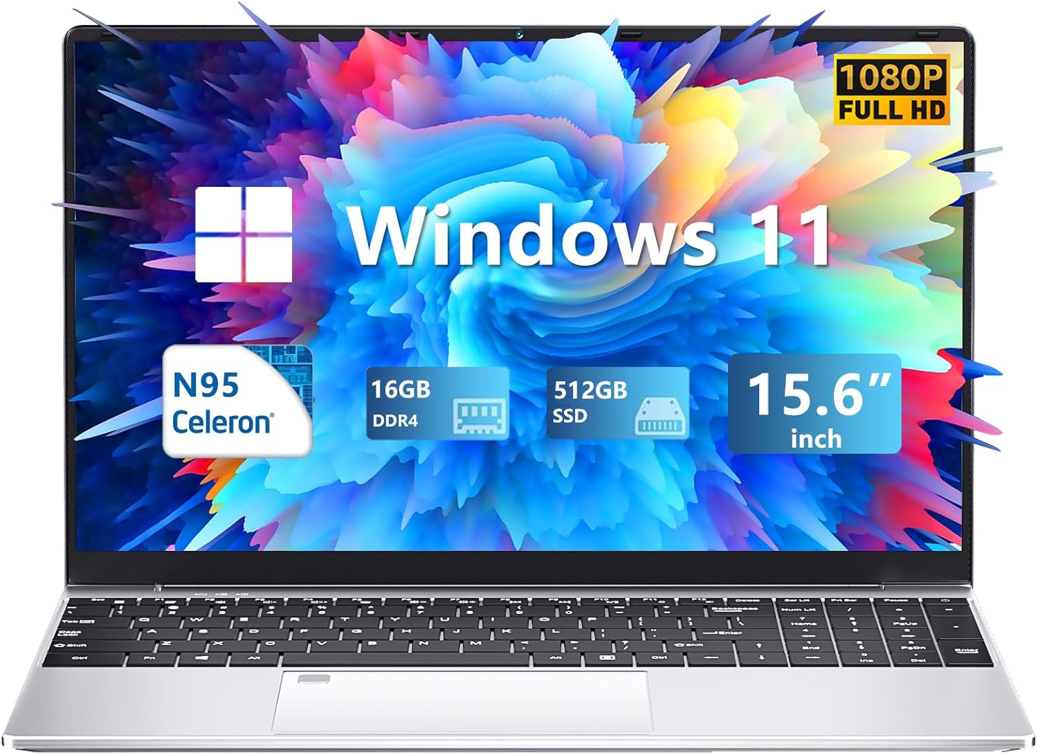 Ordinateur Portable 15,6", PC Portable 16 Go de RAM 512 Go SSD, 1080p FHD Celeron N95 Windows 11 Pro, avec USB 3.0 Mini HDMI 2,4 G/5 G WiFi, clavier rétroéclairé pleine taille, ordinateur de bureau
