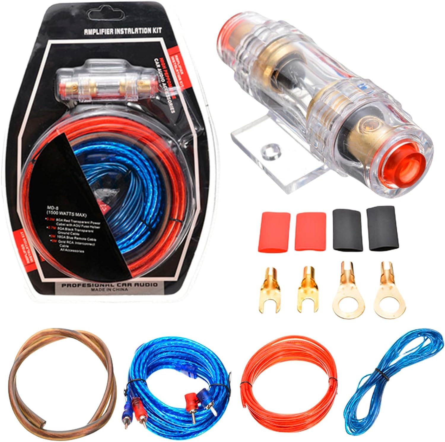 SPORWAY Kit de câbles d'amplificateur de puissance : 10 GA, kit de connexion pour amplificateur de voiture, kit de câbles pour amplificateur de basses, câble audio de voiture, 1500 W