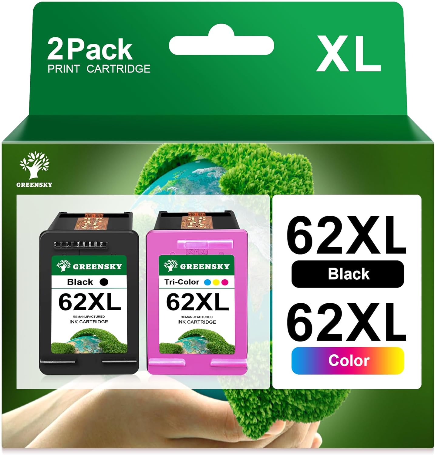 GREENSKY 62XL Ink Cartridge Replacement for HP 62 Black and Colour 62 XL Compatible with HP Envy 5640 5547 5644 5642 7640 5540 OfficeJet 200 250 5740 (1 Black, 1 Colour)