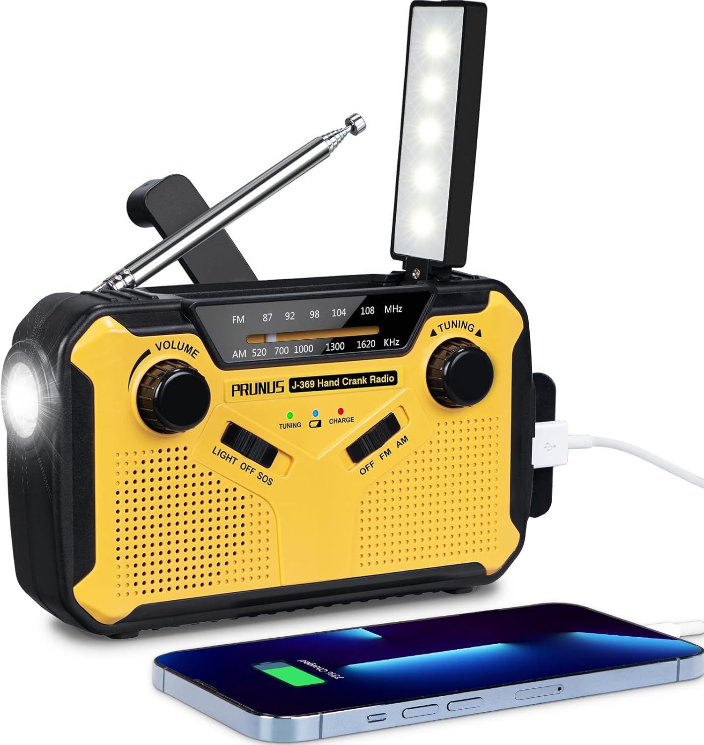 Portable Radio Dynamo Survival, PRUNUS J-369 AM/FM Battery Radio with 3000mAh Power Bank/SOS Alarm/Flashlight/Solar Panel, Speakers, Ourdoor, Emergency.