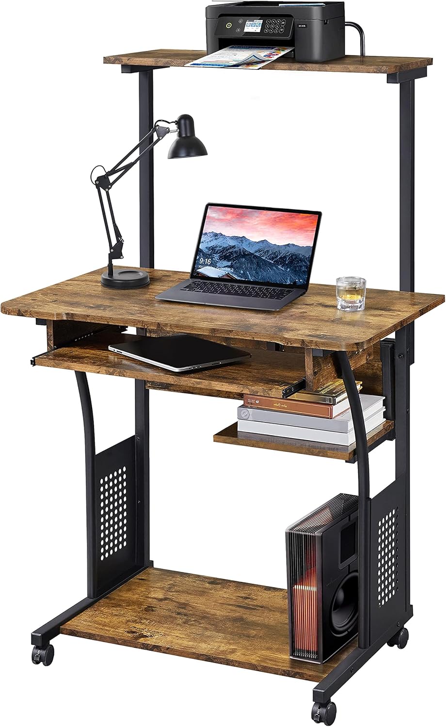 Yaheetech Bureau Informatique avec 3 Tablettes de Rangement Design Table Ordinateur roulettes avec Freins Bureau Ordinateur 80 x 50 x 132 cm Brun Rustique