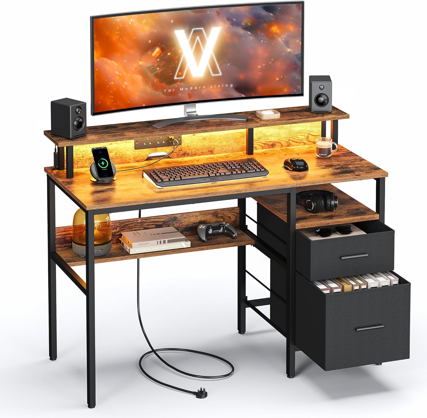 VASAGLE Bureau Gaming avec Lumières LED et Multiprise, Bureau Informatique avec Support d'Écran, Table avec Rangement, 2 Tiroirs en Tissu, 2 Ports USB, pour Bureau, Marron Rustique LWD093K01