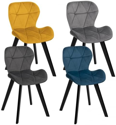 IDMarket - Set of 4 ROBINE Velvet Chairs Mix Color Blue, Dark Grey, Light Grey and Yellow
