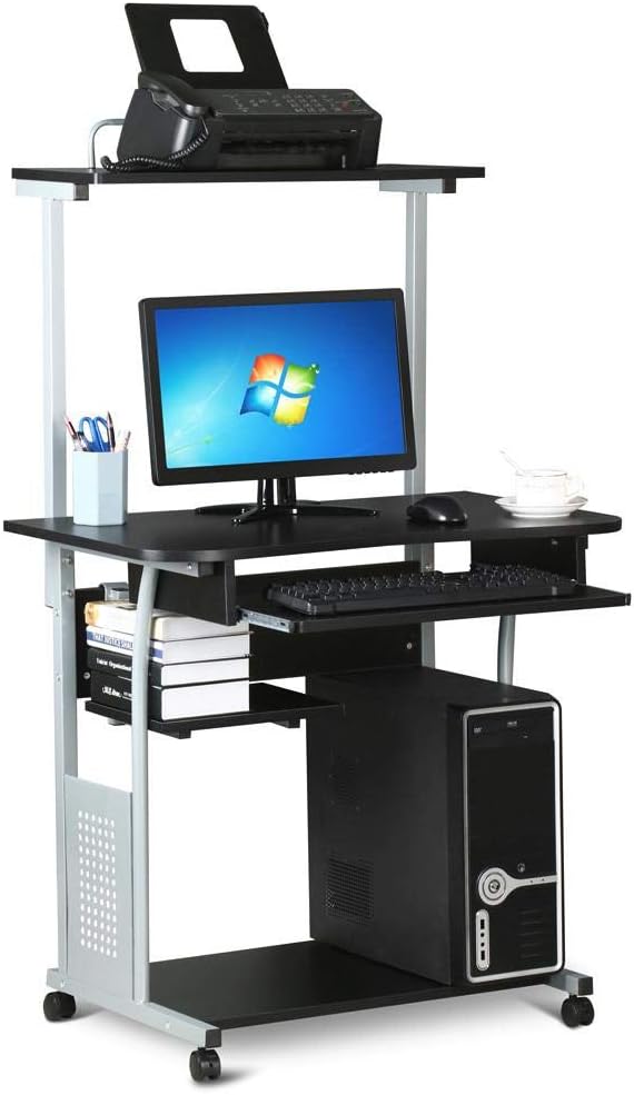 Yaheetech Computer Desk with 3 Storage Shelves Design Computer Table with Wheels with Brakes Computer Desk Black 80 x 50 x 132 cm