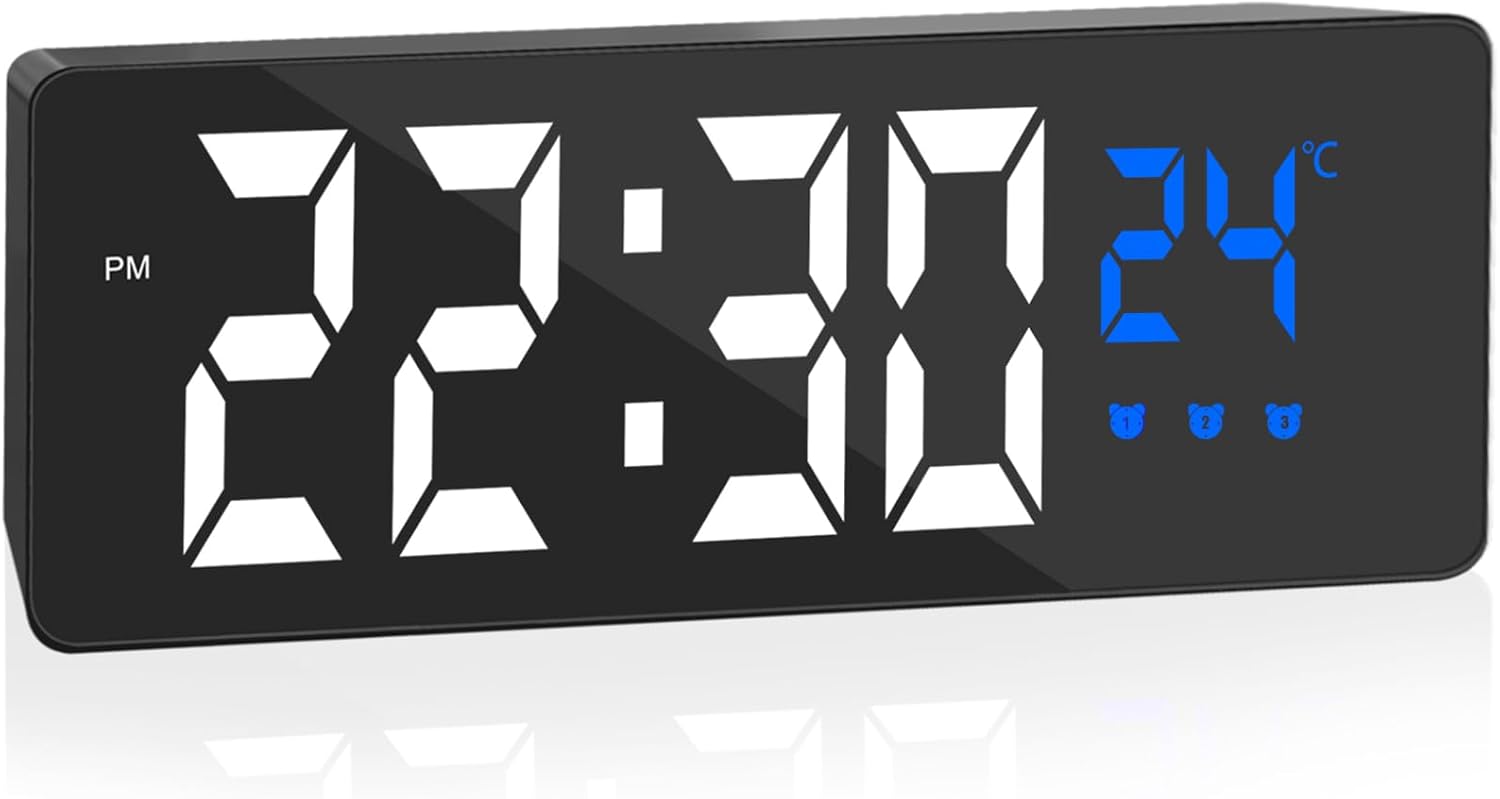 Jsdoin Digital Alarm Clock, Large Screen with Temperature Display, Bedside Clock, USB Powered Alarm Clock, Alarm Clock with 3 Snooze Modes, 12/24 Hours, Automatic Dimming at Night,