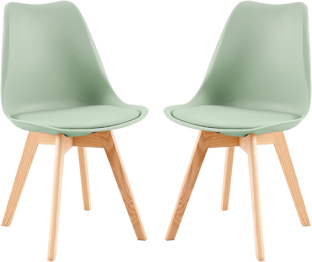 EGGREE Set of 2 SGS Tested Scandinavian Kitchen Chairs SGS Tested, Retro Padded Office Chair, Oak Legs – Green Ice