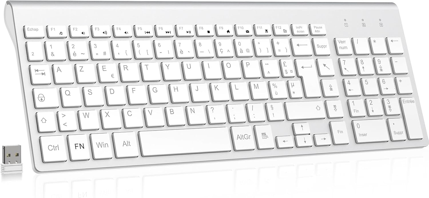 cimetech Wireless Keyboard, French AZERTY Keyboard with Nano USB Receiver 2.4GHz Ergonomic Compatible with Windows/MacOS, Windows PC Laptop – Silver