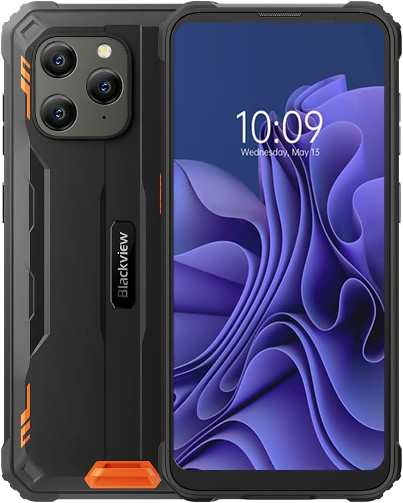 Blackview ArcSoft® BV5300 Shatterproof Mobile Phone 13MP+5MP, 4GB+32GB (1TB Power), 3 Card Slot, IP68 Waterproof Smartphone Android 12 Dual SIM, 6.1 Inch HD+, 6580 mAh Battery, Orange