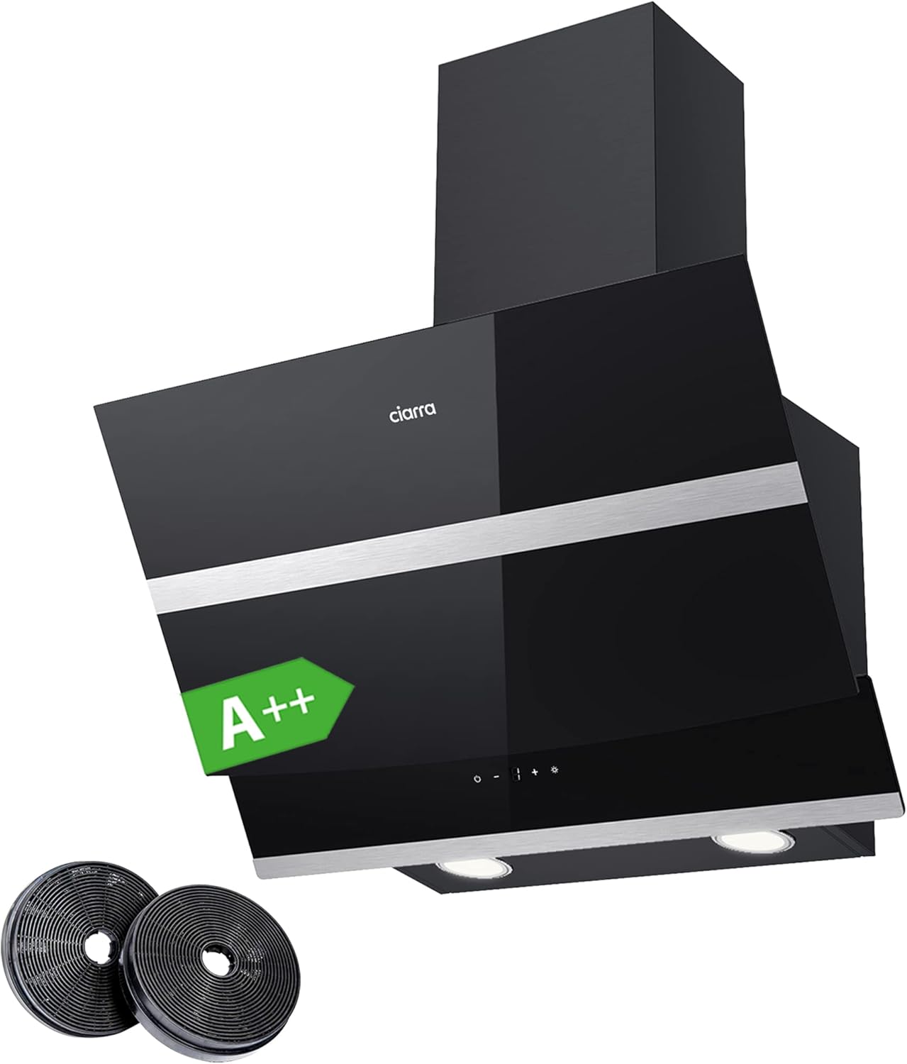 CIARRA CBCB6736N Class A++ Extractor Hood 60 cm 650 m³/h - Inclined Hood - 4 Speeds - 2 Levels of Dimmable LED Brightness - Touch Control - Recycling/Evacuation - Black