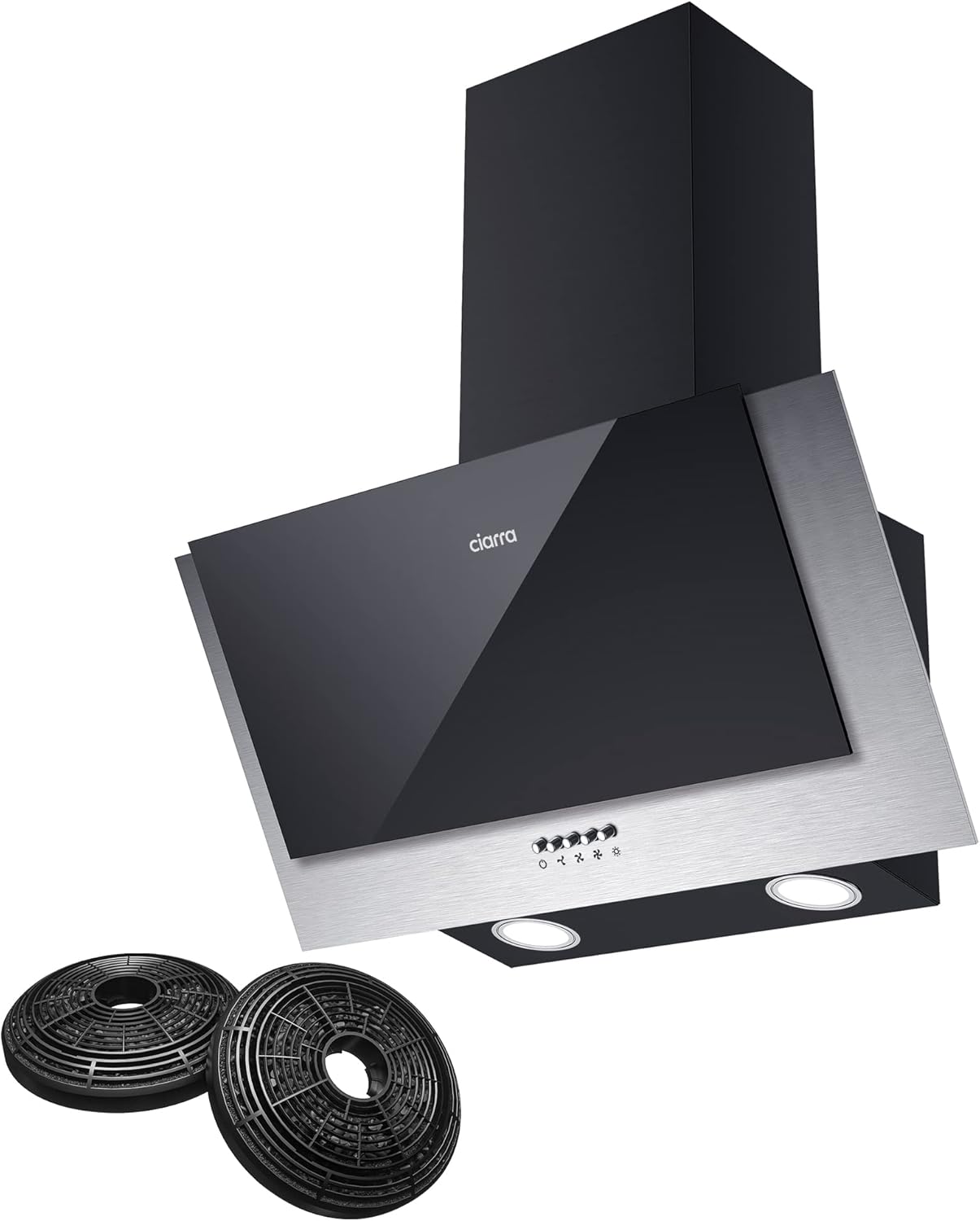 Ciarra CBCB6736C Inclined Extractor Hood 60 cm – Class A++ – 350 m³/h – 3 Speeds Kitchen Hood – Charcoal Filters Included – Wall Extractor Hood for Evacuation or Recycling – Black