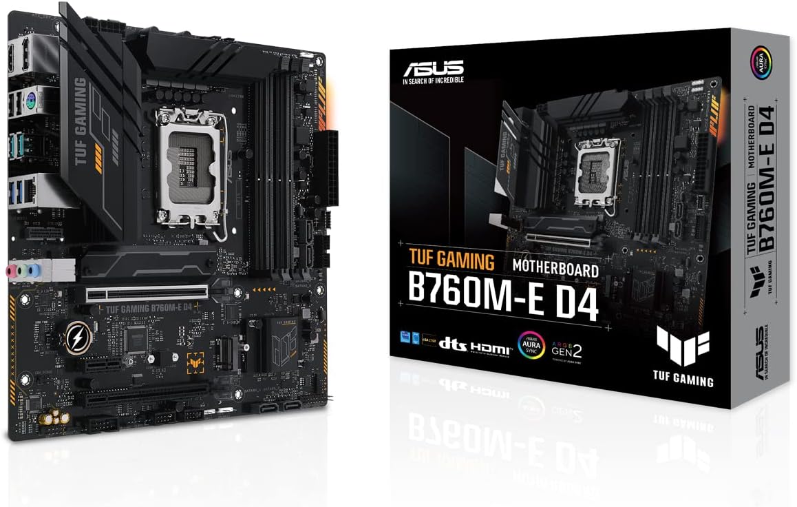 ASUS TUF GAMING B760M-E D4 Intel B760 LGA 1700 mATX Gaming Motherboard (DDR4, PCIe 4.0, 2x M.2, 10+1 DrMOS, 2.5Gb Ethernet, M.2 for Wi-Fi Ready, DisplayPort, HDMI, USB 3.2 Gen 2, Arua Sync RGB)