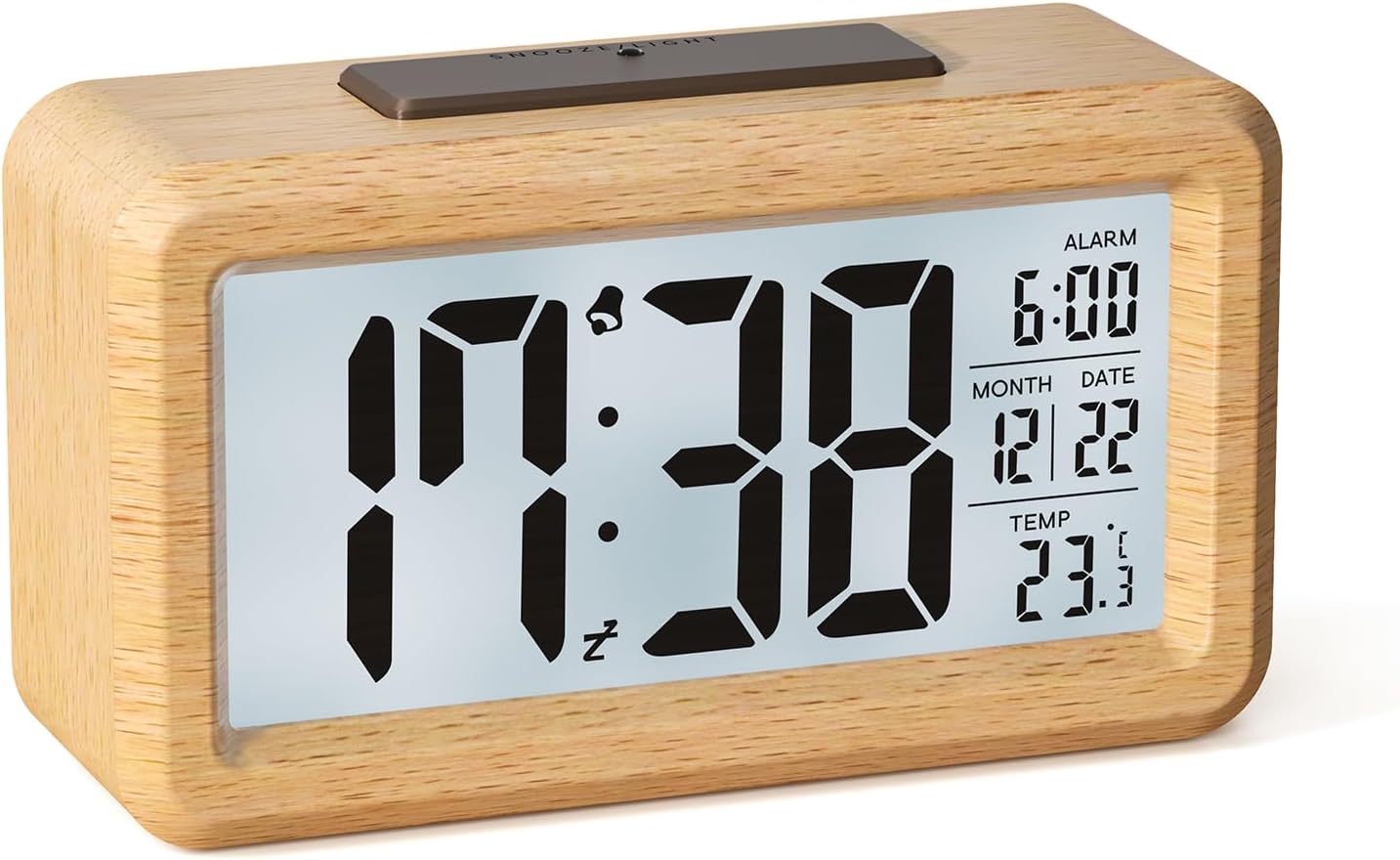 HERMIC Digital Alarm Clock, Battery Operated Wooden Alarm Clock with Large LCD Display, Digital Clock with Backlight, Date, Temperature, Automatic Light Sensor, Snooze (3 AAA Batteries Included)