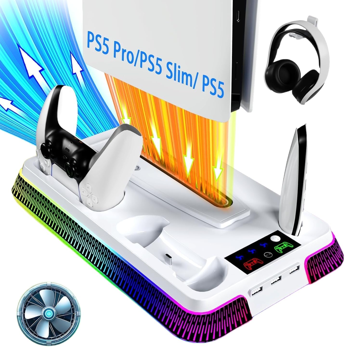 Gerbala PS5 Stand for Playstation 5 Pro/Slim/Standard, PS5 Stand with Controller Charger and 3 Speed Fan, PS 5 Cooler with RGB, Headphone Holder and 3 USB Ports