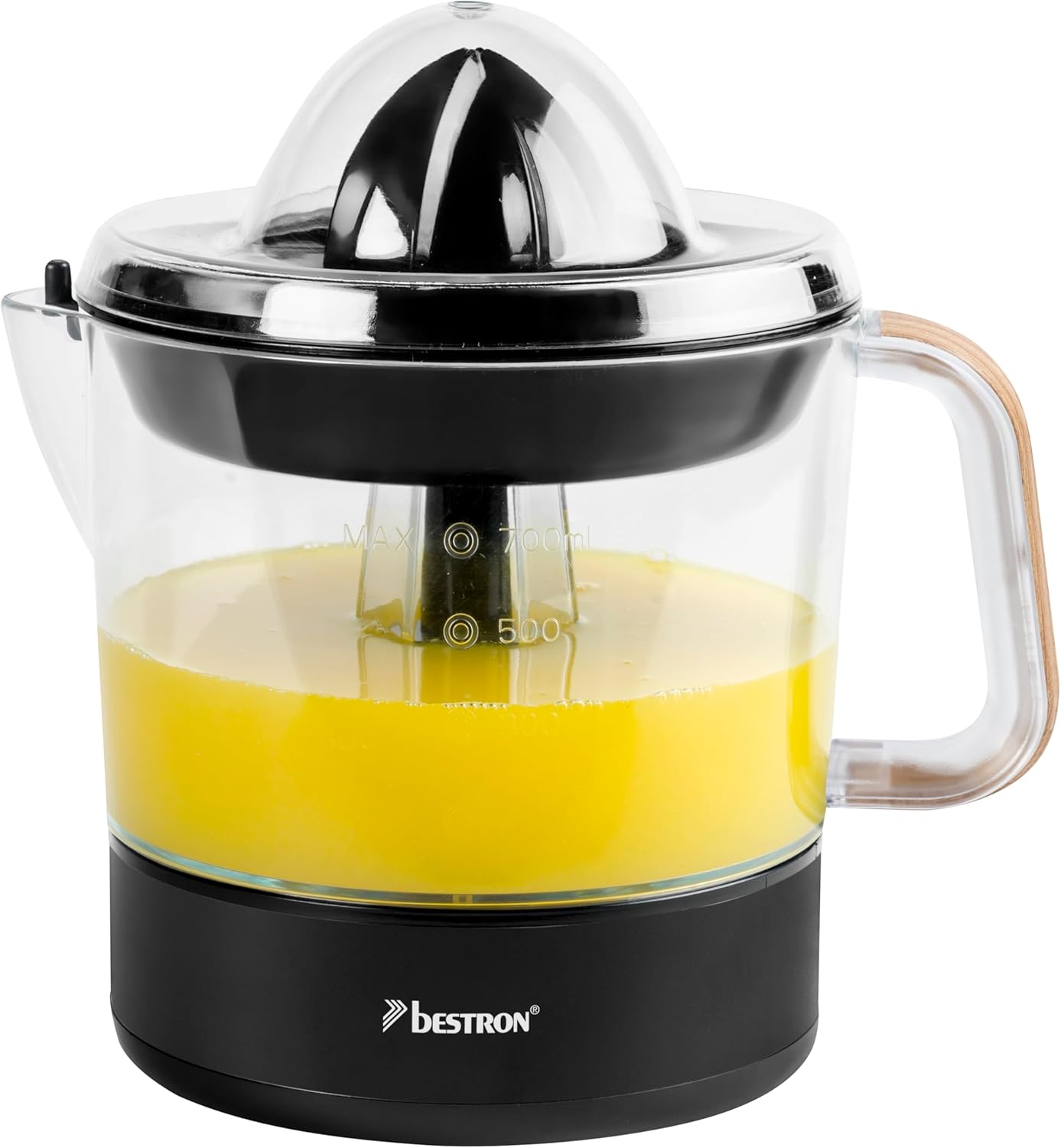 Bestron Electric orange and citrus press, Includes 2 press cones and lid to preserve the aroma, Motor with two directions of rotation (left/right), Capacity: 0.7 Litre, Colour: Black/Wood