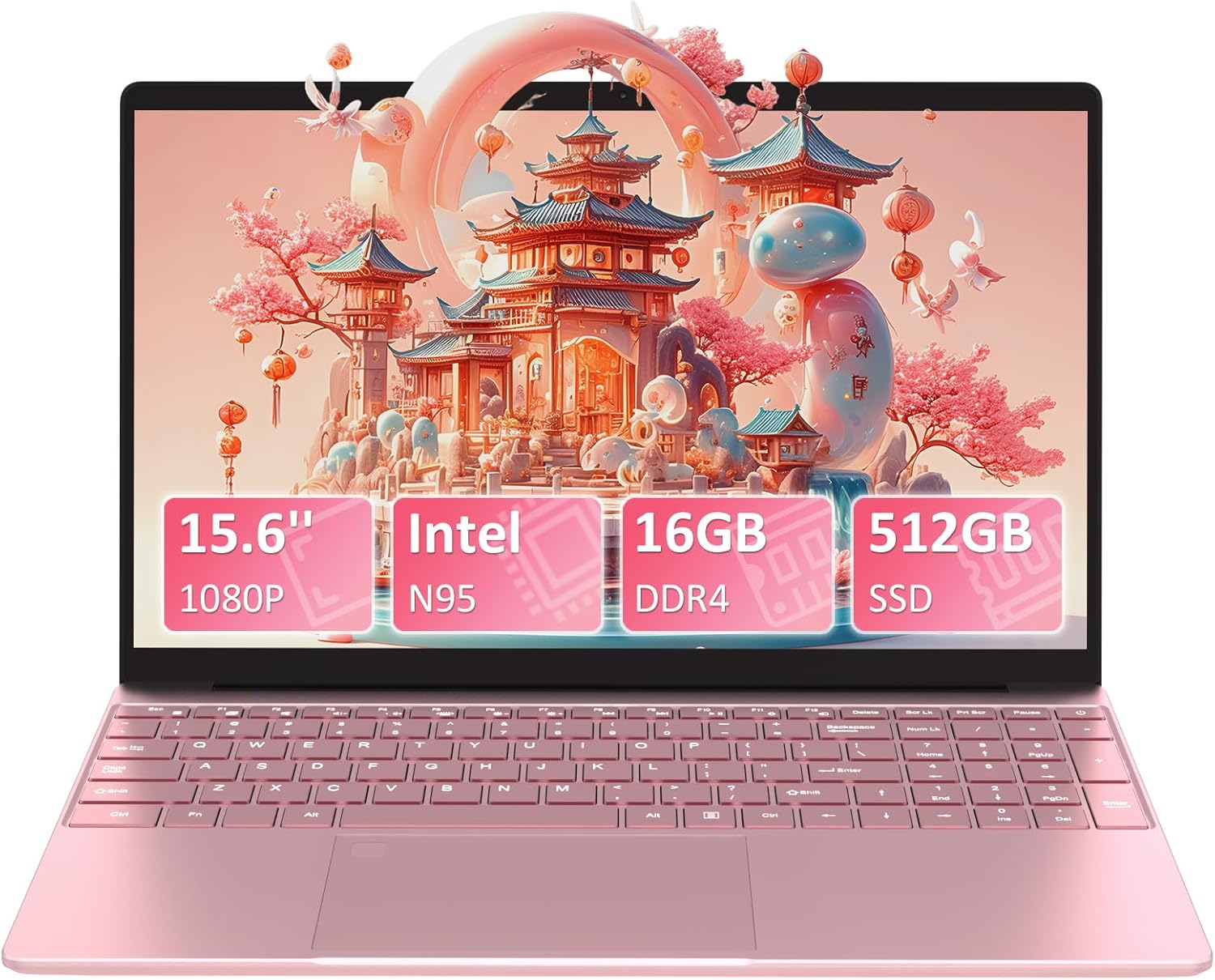 Auusda 15.6 Inch Laptop, Fingerprint Reader, Laptop Gamer, 16GB DDR4 SSD 512GB, Celeron N95 (up to 3.40 GHz), Backlit Keyboard, HDMI, Laptop Pink