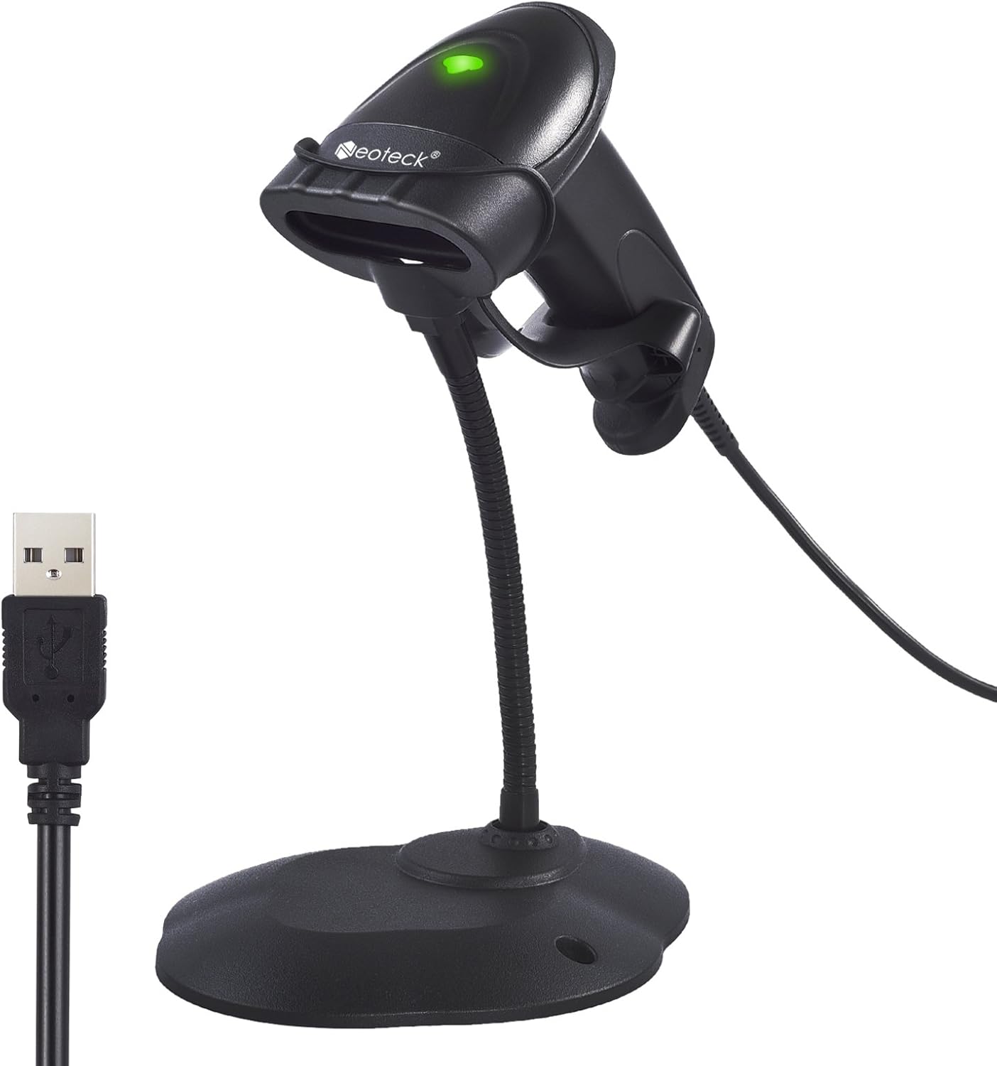 Neoteck Barcode Scanner USB Automatic Barcode Reader with Long Range High Speed Laser POS Scanner Handsfree Gun Scanner and Adjustable Stand Compatible with Mac Win10 Win7.1 iOS7-Black